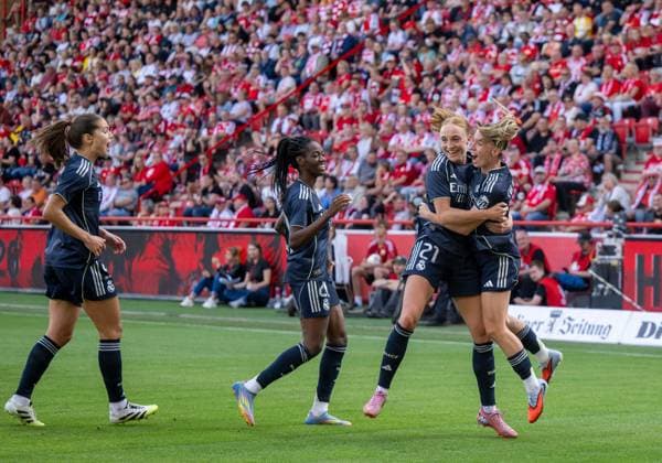 Soccer, Women, Test match, Season 2025 2026, 1 FC Union Berlin Real Madrid, f l Signe Bruun Real Madrid , Naomie Feller Real Madrid , Sara Holmgaard Real Madrid and Eva Navarro Real Madrid , cheering after scoring 1 0, 17 08 2025, Copyright: xMatthiasxKochx