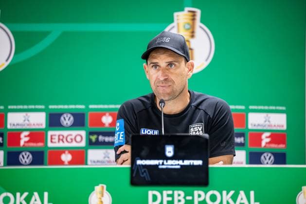 Football, Season 2025 2026, DfB Pokal, 2 Bundesliga, 3 Liga, Donaustadion Ulm, 1 round, SSV Ulm 1846 Football SV Elversberg, 17 08 2025 17 08 2025, Football, Season 2025 2026, DfB Pokal, 2 Bundesliga, 3 Liga, Donaustadion Ulm, 1 round, SSV Ulm 1846 Football SV Elversberg, Press conference Coach Robert Lechleiter SSV Ulm 1846 Football Photo Lucca Fundel Ulm Donaustadion Baden Württemberg Germany