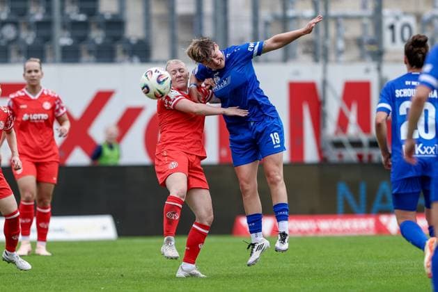 from left Heidrun Sigurdardottir 1 FSV Mainz 05, 8 and Lea Mauly SV Meppen, 19 in header duel, header, duel, action, action, game scene, THE DFB REGULATIONS PROHIBIT ANY USE OF PHOTOGRAPHS AS IMAGE SEQUENCES AND OR QUASI VIDEO , 31 08 2025, Meppen Germany , Football, 2 Womens Bundesliga, SV Meppen 1 FSV Mainz 05 xobx