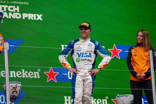 Isack Hadjar, 6, Visa Cash App RB Formula One Team, Laura Bowden, Chief Financial Officer of McLaren Racing, Award Ceremony, Dutch Grand Prix, Motorsport, Men, Formula 1, 31 08 2025 Zandvoort Netherlands Netherlands Copyright: xkolbert-press MartinxWdziecznyx