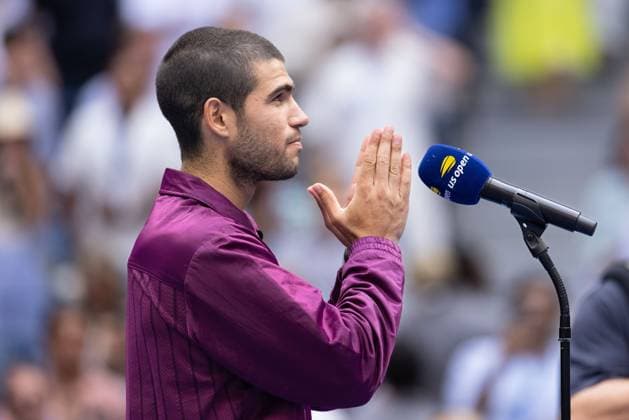 Carlos Alcaraz ESP on court interview, US Open Championships 2023, USTA Billie Jean King National Tennis Center, Flushing Meadows, New York, USA Carlos Alcaraz ESP on court interview, US Open Championships 2023, USTA Billie Jean King National Tennis Center, Flushing Meadows, New York, USA Copyright: xJuergenxHasenkopfx