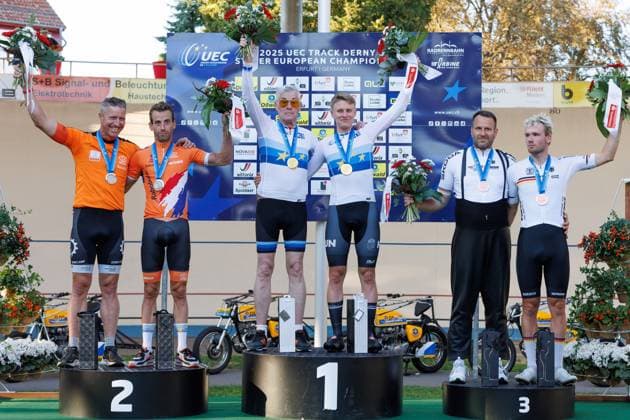 Award Ceremony, Award Ceremony Stayers from left Jos Pronk NED, Pacemaker , Reinier Honig NED , Peter Bäuerlein GER, Pacemaker , Viktor Filutas HUN , Andre Dippel GER, Pacemaker , Luca Harter GER , 06 09 2025, Erfurt Germany , Track Cycling, Stayers and Derny European Championships 2025 xprx