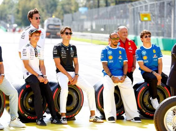 12 Andrea Kimi Antonelli ITA, Mercedes AMG Petronas F1 Team , Toto Wolff AUT, Mercedes AMG Petronas F1 Team , 63 George Russell GBR, Mercedes AMG Petronas F1 Team , 44 Lewis Hamilton GBR, Scuderia Ferrari HP , Frederic Vasseur FRA, Scuderia Ferrari HP , 16 Charles Leclerc MCO, Scuderia Ferrari HP , F1 Grand Prix of Italy at Autodromo Nazionale Monza on September 7, 2025 in Monza, Italy Photo by HOCH ZWEI Monza Italy