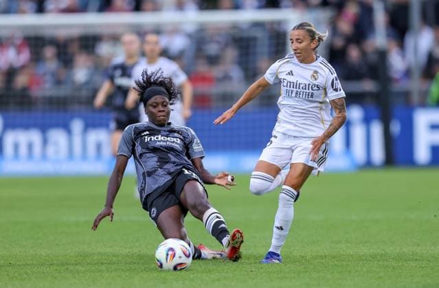 DEU, Frankfurt, Eintracht Frankfurt vs Real Madrid, Womens Champions League, UEFA, Season 2526, Stadion am Bretanobad, Qualifying Round 3, in the picture from left to right Nicole Anyomi Eintracht Frankfurt 19 , Sheila Garcia Real Madrid 15 DFB DFL REGULATIONS PROHIBIT ANY USE OF PHOTOGRAPHS AS IMAGE SEQUENCES AND OR QUASI VIDEO, 11 09 2025, Copyright: HMBxMedia HendrikxHamelau