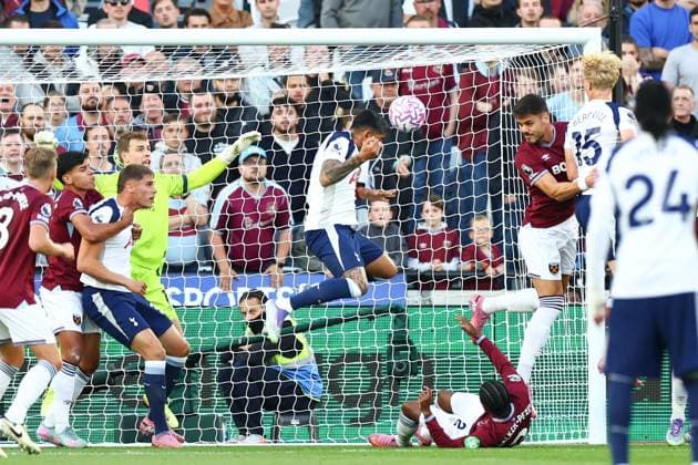 Cristian Romero of Tottenham Hotspur scoring a goal but it is disallowed after a VAR check West Ham United v Tottenham Hotspur, Premier League, Football, London Stadium, London, UK - 13 Sept 2025London London Stadium United Kingdom EDITORIAL USE ONLY No use with unauthorised audio, video, data, fixture lists, club league logos or live services. Online in-match use limited to 120 images, no video emulation. No use in betting, games or single club league player publications. Copyright: xSimonxDael Shutterstockx 15481313h