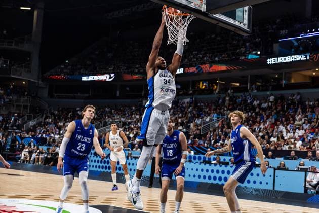 LAT, Eurobasket 205, European Basketball Championship, match for 3rd place, Greece Finland 14 09 2025, Riga Arena, Riga, LAT, Eurobasket 205, European Basketball Championship, match for 3rd place, Greece Finland Giannis Antetokounmpo Greece, No34 Â Photo Alexander Trienitz Riga Riga Arena Riga Latvia