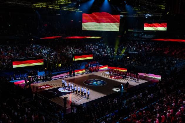 LAT, Eurobasket 205, European Basketball Championship, Final, Turkey Germany 14 09 2025, Riga Arena, Riga, LAT, Eurobasket 205, European Basketball Championship, Final, Turkey Germany Team Germany during the national anthem  Photo Alexander Trienitz nordphoto GmbH nordphotoxGmbHx xTrienitz nph00051