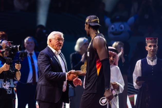 LAT, Eurobasket 205, European Basketball Championship, Final, Turkey Germany 14 09 2025, Riga Arena, Riga, LAT, Eurobasket 205, European Basketball Championship, Final, Turkey Germany Frank Walter Steinmeier, President of the Federal Republic of Germany with Isaac Bonga Germany, No 0 Â Photo Alexander Trienitz nordphoto GmbH nordphotoxGmbHx xTrienitz nph00051