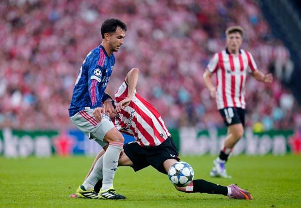 Mikel Merino of Arsenal in action against Mikel Vesga of Athletic Bilbao Athletic Bilbao v Arsenal, UEFA Champions League, Group Stage, Football, Estadio de San Mames, Bilbao, Spain - 16 Sep 2025Bilbao Estadio de San Mames Spain EDITORIAL USE ONLY No use with unauthorised audio, video, data, fixture lists, club league logos or live services. Online in-match use limited to 120 images, no video emulation. No use in betting, games or single club league player publications. Copyright: xSergioxRuiz Shutterstockx 15481341bs