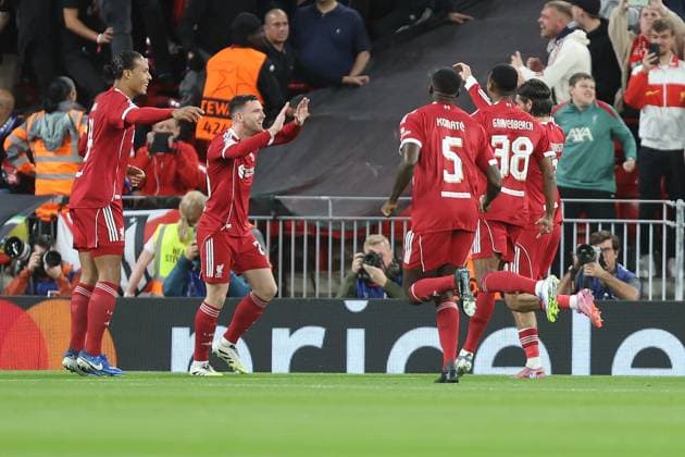 Andrew Robertson of Liverpool celebrates scoring their sides first goal Liverpool v Atletico Madrid, UEFA Champions League, Group Stage, Football, Anfield, Liverpool, UK - 17 Sep 2025Liverpool Anfield United Kingdom EDITORIAL USE ONLY No use with unauthorised audio, video, data, fixture lists, club league logos or live services. Online in-match use limited to 120 images, no video emulation. No use in betting, games or single club league player publications. Copyright: xPhilxOldham Shutterstockx 15481355w