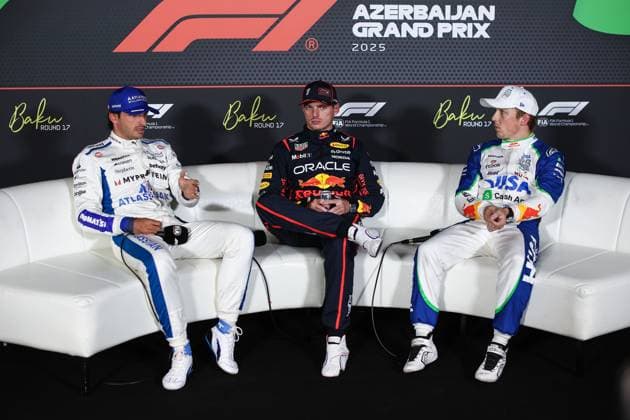 F1 - AZERBAIJAN GRAND PRIX 2025 SAINZ Carlos (spa), Williams Racing FW47, portrait, VERSTAPPEN Max (ned), Red Bull Racing RB21, portrait and LAWSON Liam (nzl), Visa Cash App RB F1 Team VCARB02, portrait press conference, PK, Pressekonferenz during the 2025 Formula 1 Qatar Airways Azerbaijan Grand Prix, 17th round of the 2025 FIA Formula One World Championship, WM, Weltmeisterschaft from September 19 to 21, 2025 on the Baku City Circuit, in Baku, Azerbaijan - BakuAzerbaijan Copyright: xEricxAlonsox