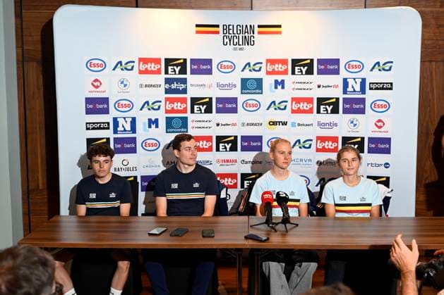 UCI 2025 Road World Championship, WM, Weltmeisterschaft Kigali 20 09 2025 - media activities KIGALI, RWANDA - SEPTEMBER 20 : Widar Jarno (BEL) of Lotto Cycling Team Development, Vervenne Jonathan (BEL) of Soudal Quick-Step Devo Team, De Schepper Lore (BEL) BEL of AG Insurance - Soudal Team and Moors Fleur (BEL) of Lidl - Trek pictured during a press conference, PK, Pressekonferenz at the 92nd edition of the UCI Road World Championships on September 20, 2025 in Kigali, Rwanda, 20 09 2025 Kigali Rwanda Copyright: xJanxDexMeuleneirx