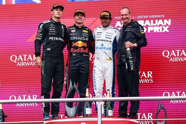 F1 - AZERBAIJAN GRAND PRIX 2025 MONAGHAN Paul, Chief Engineer & Car Engineering of Red Bull Racing, portrait, RUSSELL George (gbr), Mercedes AMG F1 Team W16, portrait, VERSTAPPEN Max (ned), Red Bull Racing RB21, portrait and SAINZ Carlos (spa), Williams Racing FW47, portrait podium during the 2025 Formula 1 Qatar Airways Azerbaijan Grand Prix, 17th round of the 2025 FIA Formula One World Championship, WM, Weltmeisterschaft from September 19 to 21, 2025 on the Baku City Circuit, in Baku, Azerbaijan - BakuAzerbaijan Copyright: xEricxAlonsox