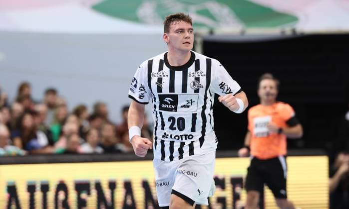 Leipzig, 21 09 2025, Arena Leipzig, Handball, Bundesliga, 5 Spieltag , SC DHfK Leipzig vs THW Kiel 18 23 34 41 , Im Bild Lukas Laube 20, Kiel , Nur zur redaktionellen Nutzung Only editorial use , DHB HBL regulations prohibit any use of photographs as image sequences and or quasi video ,