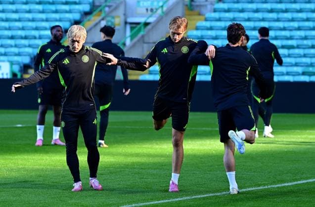 Benjamin Nygren of Celtic and Daizen Maeda of Celtic training ahead of the UEFA Europa League match, round 1 of 8 between Crvena zvezda and Celtic FC at Celtic Park, on 23rd September 2025 in Glasgow, Scotland. (Picture by Mark Runnacles) Celtic Training Session and press conference, PK, Pressekonferenz UEFA Europa League, Football, Scotland, UK - 23 Sep 2025Belgrade Rajko Mitic Stadium Serbia EDITORIAL USE ONLY No use with unauthorised audio, video, data, fixture lists, club league logos or live services. Online in-match use limited to 120 images, no video emulation. No use in betting, games or single club league player publications. Copyright: xMarkxRunnacles Shutterstockx 15499179bt