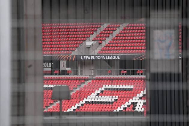 The official Uefa Europa League lettering is already displayed in the stadium, Branding, International , last media training session of SC Freiburg before the first Europa League match in the league phase, Germany, Football, UEFA Europa League, Matchday 1, 2025 2026, SC Freiburg vs FC Basel, 23 09 2025, last media training session of SC Freiburg before the first Europa League match in the league phase, Europa Park Stadion, Freiburg, Germany Freiburg Europa Park Stadion Baden Württemberg Germany Copyright: xArnexAmbergx