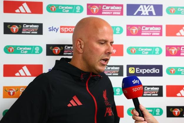 Liverpool manager Arne Slot is interviewed by Sky Sports in front of the Carabao branded board Liverpool v Southampton, EFL Carabao Cup, Third Round, Football, Anfield, Liverpool, UK - 23 Sep 2025Liverpool Anfield United Kingdom EDITORIAL USE ONLY No use with unauthorised audio, video, data, fixture lists, club league logos or live services. Online in-match use limited to 120 images, no video emulation. No use in betting, games or single club league player publications. Copyright: xPaulxCurrie Shutterstockx 15498466ad