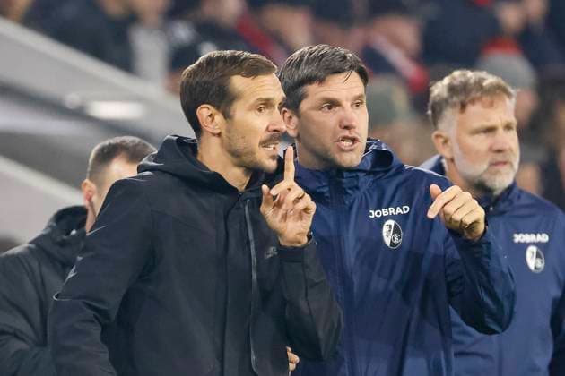 Julian Schuster SC Freiburg, Coach and Florian Bruns SC Freiburg, Co-Coach , Germany, Football, UEFA Europa League, Matchday 1, 2025 2026, SC Freiburg vs FC Basel, 24 09 2025, Stadion am Wolfswinkel, Freiburg im Breisgau, Germany Freiburg im Breisgau Stadion am Wolfswinkel Baden Württemberg Germany Copyright: xGrantxHubbsx