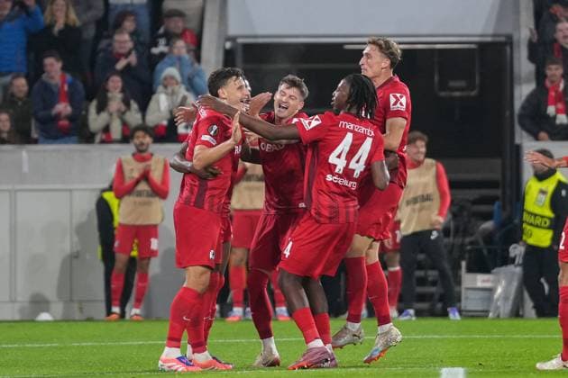 Maximilian Eggestein SC Freiburg, 08 goal celebration, emotions, goal shot, goal, goal, goal, Germany, football, UEFA Europa League, 1 matchday, league phase, 2025 2026, SC Freiburg vs FC Basel, 24 09 2025, Europa Park Stadion, Freiburg, Germany Freiburg Europa Park Stadion Baden Württemberg Germany Copyright: xArnexAmbergx