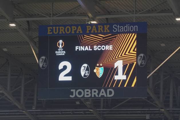 Videowall, Final Score , Germany, Football, UEFA Europa League, Matchday 1, League Phase, 2025 2026, SC Freiburg vs FC Basel, 24 09 2025, Europa Park Stadion, Freiburg, Germany Freiburg Europa Park Stadion Baden Württemberg Germany Copyright: xArnexAmbergx