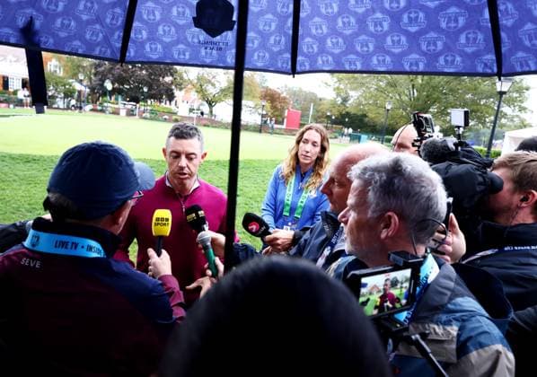 Rory McIlroy of Team Europe is interviewed. 2025 Ryder Cup, Thursday Practice, Golf, Bethpage Black Golf Course, New York, USA - 25 Sep 2025New York Bethpage Black Golf Course New York (NY) United States of America EDITORIAL USE ONLY No use with unauthorised audio, video, data, fixture lists, club league logos or live services. Online in-match use limited to 120 images, no video emulation. No use in betting, games or single club league player publications. Copyright: xJamesxMarsh Shutterstockx 15500195ag