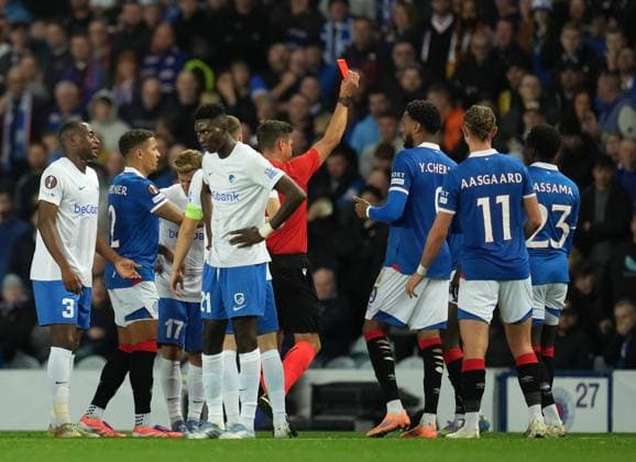 Referee Matej Jug shows a straight red card to Mohamed Diomande of Rangers and sends him off. Rangers v Genk, UEFA Europa League, Football, Ibrox Stadium, Glasgow, Scotland, UK - 25 Sep 2025Glasgow Ibrox Stadium Scotland United Kingdom EDITORIAL USE ONLY No use with unauthorised audio, video, data, fixture lists, club league logos or live services. Online in-match use limited to 120 images, no video emulation. No use in betting, games or single club league player publications. Copyright: xStuartxWallace Shutterstockx 15498613af