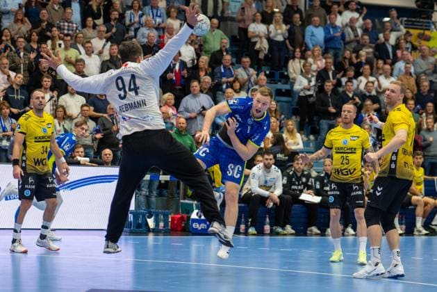 Kai Haefner, Right back, TVB Stuttgart 34 , Daniel Rebmann, Goalkeeper, TVB Stuttgart 94 , Kristjan Horžen, Circulation, VfL Gummersbach 27 , Jonas Truchanovicius, Left back, TVB Stuttgart 37 VfL Gummersbach vs TVB 1898 Stuttgart, Daikin Handball Bundesliga, Men , Matchday 6, 25 09 2025 Gummersbach NRW Germany Copyright: xkolbert-press MartinxWdziecznyx