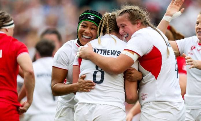 Alex Matthews of England Red Roses scores a try just before the half hour mark and celebrates with Sadia Kabeya of England Red Roses & Morwenna Talling of England Red Roses Canada v England, Women s Rugby World Cup, Final, Rugby Union, Allianz Stadium Twickenham, London, UK - 27 Sep 2025London Allianz Stadium Twickenham United Kingdom EDITORIAL USE ONLY No use with unauthorised audio, video, data, fixture lists, club league logos or live services. Online in-match use limited to 120 images, no video emulation. No use in betting, games or single club league player publications. Copyright: xAndrewxFosker Shutterstockx 15503859w