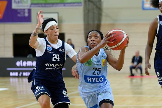 Liz Smith Lions, 24 , Martha Burse Saarluis, 25 , Syntainics MBC vs Saarlouis Royals, Basketball, Women, Bundesliga, Season 2025 2026, 1 Matchday, 27 09 2025 Halle SWH Arena Sachsen Anhalt Germany