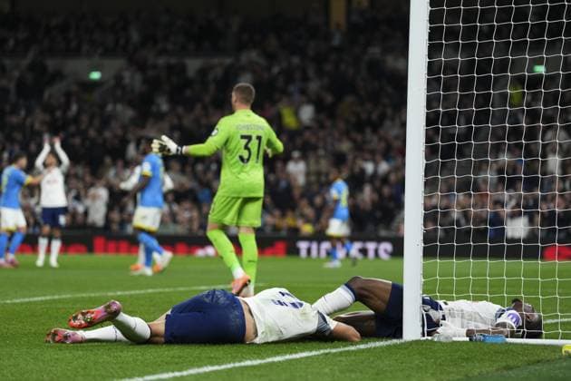 Richarlison and Mohammed Kudus of Tottenham Hotspur lie in a heap on the goal line Tottenham Hotspur v Wolverhampton Wanderers, Premier League, Football, Tottenham Hotspur Stadium, London, UK - 27 Sep 2025London Tottenham Hotspur Stadium United Kingdom EDITORIAL USE ONLY No use with unauthorised audio, video, data, fixture lists, club league logos or live services. Online in-match use limited to 120 images, no video emulation. No use in betting, games or single club league player publications. Copyright: xJedxLeicester Shutterstockx 15503922c