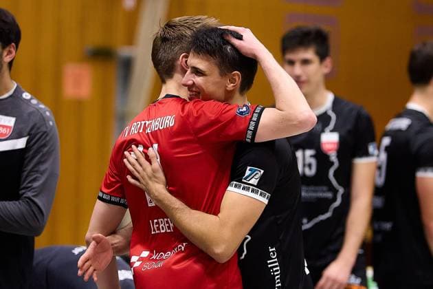 Joy for Robin Leber TV Rottenburg, 11 and Milan Kvrzic TV Rottenburg, 07 after the 3 1 success in Kriftel GER, TuS Kriftel vs TV Rottenburg,Volleyball, 2 Bundesliga Sued, Matchday 3, Season 2025 2026, 27 09 2025 GER, TuS Kriftel vs TV Rottenburg,Volleyball, 2 Bundesliga Sued, Matchday 3, Season 2025 2026, 27 09 2025 Kriftel Copyright: xEibner-Pressefoto GeraldxOelze-dexStoppanyx EP_ODS