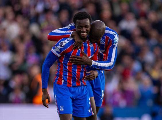 (250928) -- LONDON, Sept. 28, 2025 -- Crystal Palace s Eddie Nketiah (L) celebrates with teammate Jean-Philippe Mateta after scoring an injury-time winning goal during the English Premier League match between Crystal Palace FC and Liverpool FC in London, Britain, on Sept. 27, 2025. FOR EDITORIAL USE ONLY. NOT FOR SALE FOR MARKETING OR ADVERTISING CAMPAIGNS. NO USE WITH UNAUTHORIZED AUDIO, VIDEO, DATA, FIXTURE LISTS, CLUB LEAGUE LOGOS OR LIVE SERVICES. ONLINE IN-MATCH USE LIMITED TO 45 IMAGES, NO VIDEO EMULATION. NO USE IN BETTING, GAMES OR SINGLE CLUB LEAGUE PLAYER PUBLICATIONS. (SP)BRITAIN-LONDON-FOOTBALL-ENGLISH PREMIER LEAGUE-CRYSTAL PALACE VS LIVERPOOL LixYing