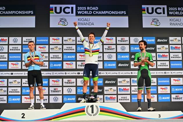 Tadej Pogacar, Remco Evenepoel, Ben Healy Men Elite Road Race Rwanda 2025 Award Ceremony, Podium Winner POGAÄaAR Tadej, Tadej Pogacar, Slovenia, Slovenia, Second EVENEPOEL Remco, Belgium, Belgium, Third HEALY Ben, Ireland, Ireland, Road Race Men UCI Road World Championships 2025 in Kigali Rwanda 92nd World Championships ME Road Race WC One day race Kigali 267 5km 2025 UCI Road World Championships Kigali Rwanda 28 09 2025