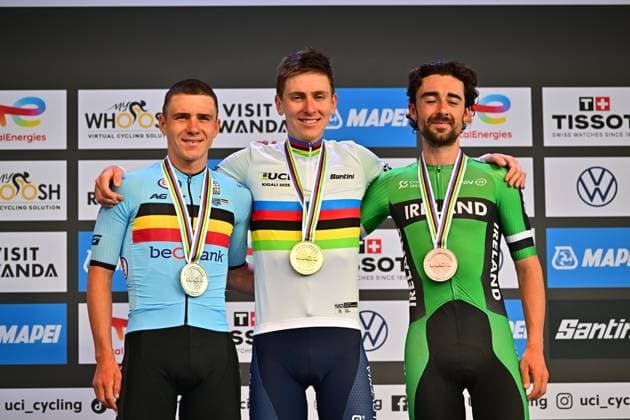 Tadej Pogacar, Remco Evenepoel, Ben Healy Men Elite Road Race Rwanda 2025 Award Ceremony, Podium Winner POGAÄaAR Tadej, Tadej Pogacar, Slovenia, Slovenia, Second EVENEPOEL Remco, Belgium, Belgium, Third HEALY Ben, Ireland, Ireland, Road Race Men UCI Road World Championships 2025 in Kigali Rwanda 92nd World Championships ME Road Race WC One day race Kigali 267 5km 2025 UCI Road World Championships Kigali Rwanda 28 09 2025