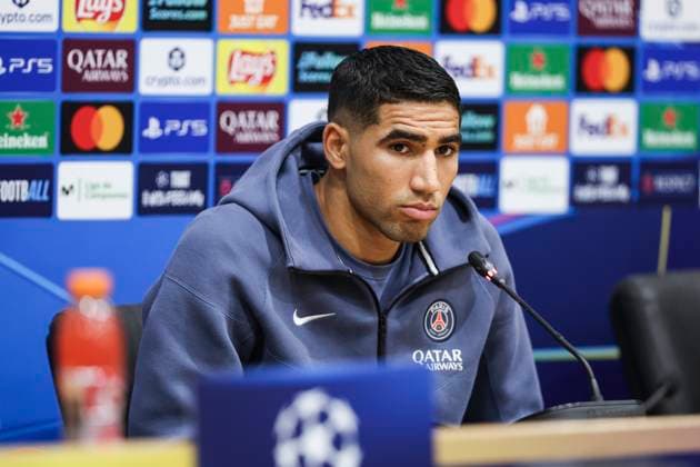September 30, 2025, Barcelona, Barcelona, SPAIN: Achraf Hakimi of Paris Saint-Germain FC attends his press conference, PK, Pressekonferenz during the training day of Paris Saint-Germain ahead the UEFA Champions League 2025 26, football match against FC Barcelona, Barca at Estadi Olimpic Lluis Companys on September 30, 2025 in Barcelona, Spain. Barcelona SPAIN - ZUMAa181 20250930_zaa_a181_091 Copyright: xJavierxBorregox