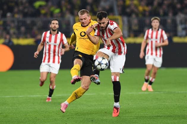 Julian Ryerson (Borussia Dortmund) und Aitor Paredes (Athletic Bilbao) im Zweikampf waehrend des Spiels der UEFA Champions League 2025 26, 2. Spieltag Ligaphase zwischen Borussia Dortmund und Athletic Club Bilbao, SIGNAL IDUNA PARK am 01. October 2025 in Dortmund, Deutschland. (Foto von Ralf Treese DeFodi Images) +++ Julian Ryerson (Borussia Dortmund) und Aitor Paredes (Athletic Bilbao) im Zweikampf during the UEFA Champions League 2025 26 League Phase MD2 match between Borussia Dortmund and Athletic Club at BVB Stadion Dortmund on October 1, 2025 in Dortmund, Germany. (Photo by Ralf Treese DeFodi Images) Julian Ryerson Borussia Dortmund and Aitor Paredes Athletic Bilbao in a duel during the UEFA Champions League 2025 26 match day 2 league phase match between Borussia Dortmund and Athletic Club Bilbao, SIGNAL IDUNA PARK on October 01, 2025 in Dortmund, Germany, Germany Photo by Ralf Treese DeFodi Images Julian Ryerson Borussia Dortmund and Aitor Paredes Athletic Bilbao in a duel during the UEFA Champions League 2025 26 League Phase MD2 match between Borussia Dortmund and Athletic Club at BVB Stadion Dortmund on October 1, 2025 in Dortmund, Germany Photo by Ralf Treese DeFodi Images