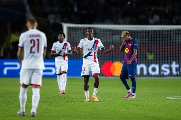 Spain-Football-Champions League-Group Stage FC Barcelona, Barca v PSG in Barcelona, Spain. Barcelona, Spain, 1, October, 2025. PSG player (25) Nuno Mendes celebrating the second score during Champions League match between FC Barcelona and PSG in Olympic Stadium Lluis Companys, Barcelona, Spain, on October 1, 2025. Barcelona Olympic Stadium Lluis Companys Barcelona Spain
