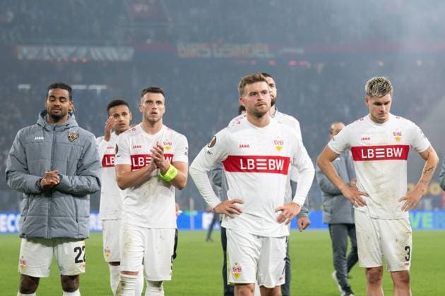 Disappointment at the end of the game, frustration for Lorenz Assignon VfB Stuttgart, 22 , Ermedin Demirovic VfB Stuttgart, 09 , Maximilian Mittelstaedt VfB Stuttgart, 07 , Ramon Hendriks VfB Stuttgart, 03 SUI, FC Basel vs VfB Stuttgart, Football, UEFA Europa League, Men, Matchday 2, Season 2025 2026, 02 10 2025, SUI, FC Basel vs VfB Stuttgart, Football, UEFA Europa League, Men, Matchday 2, Season 2025 2026, 02 10 2025 Basel Copyright: xEibner-Pressefoto WolfgangxFrankx EP_WFK