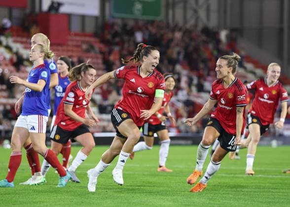 Leigh, England, 8th October 2025. Maya Le Tissier of Manchester United, ManU celebrates scoring her sides first goal during the Manchester United Women vs Valerenga Women UEFA Womens Champions League match at Leigh Sports Village, Leigh. Picture credit should read: Cody Froggatt Sportimage EDITORIAL USE ONLY. No use with unauthorised audio, video, data, fixture lists, club league logos or live services. Online in-match use limited to 120 images, no video emulation. No use in betting, games or single club league player publications. SPI_018_CF_MANCHESTER_UTD_WOMEN_V_VALERENGA_WOMEN SPI-4205-0018