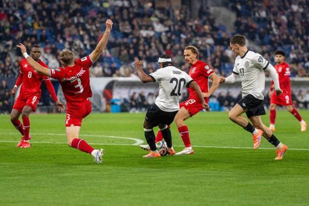 Enes Mahmutovic LUX , Serge Gnabry GER , Mathias Olesen LUX and Florian Wirtz GER xettx, Germany, Sinsheim, 10 10 2025, Football, National team, World Cup Qualification Europe Germany vs Luxembourg, Season 2025 2026, Matchday 7, PreZerro Arena