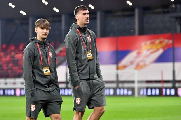 SERBIA vs ALBANIA VASILIJE KOSTOV, VELJKO MILOSAVLJEVIC, football players of Serbia, during the FIFA World Cup, WM, Weltmeisterschaft, Fussball qualification match against Albania, at Dubocica stadium. Leskovac, 11.10.2025. photo: FOOTBALL, SERBIA, ALBANIA, FIFA WORLD CUP QUALIFICATIONS MATCH Leskovac Dubocica stadium Serbia Copyright: xMarkoxMetlas xMNxPressx