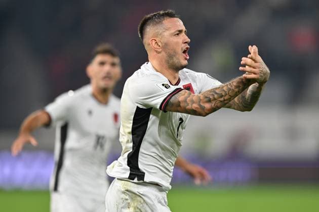 SERBIA vs ALBANIA REY MANAJ, football player of Albania, celebrate goal during the FIFA World Cup, WM, Weltmeisterschaft, Fussball qualification match against Serbia, at Dubocica stadium. Leskovac, 11.10.2025. photo: Mladjan Ivanovic FOOTBALL, SERBIA, ALBANIA, FIFA WORLD CUP QUALIFICATIONS MATCH Leskovac Dubocica stadium Serbia Copyright: xMarkoxMetlas xMNxPressx