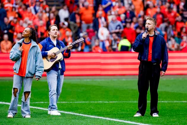 singer Zoë Livay of the Netherlands and singer Snelle of the Netherlands looks on Netherlands v Finland, FIFA World Cup, WM, Weltmeisterschaft, Fussball 2026 Qualifier, Netherlands v Finland, Johan Cruijff Arena, October 12, 2025, Amsterdam, Netherlands.