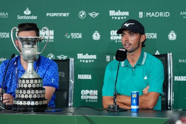 October 12, 2025, Madrid, Madrid, Spain: Marco Penge of England attends his press conference, PK, Pressekonferenz during the Trophy Ceremony after the Open de Espao±a presented by Madrid, R4 Final, golf tournament of DP World Tour at Club de Campo Villa de Madrid on October 12, 2025, in Madrid, Spain. Madrid Spain - ZUMAa181 20251012_zaa_a181_363 Copyright: xDennisxAgyemanx