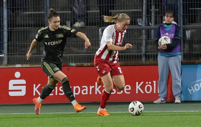 v l Sophie Weidauer 1 FC Union Berlin 09 , Pauline Bremer 1 FC Koeln 11 GER, 1 FC Koeln Frauen vs 1 FC Union Berlin Frauen, Fußball, Frauen Bundesliga, 6 Spieltag, Spielzeit 2025 2026, 12 10 2025 DFL DFB REGULATIONS PROHIBIT ANY USE OF PHOTOGRAPHS as IMAGE SEQUENCES and or QUASI VIDEO GER, 1 FC Koeln Frauen vs 1 FC Union Berlin Frauen, Football, Womens Bundesliga, Matchday 6, Season 2025 2026, 12 10 2025 Koeln Copyright: xEibner-Pressefotox xThomasxStoeckerx EP_TSR