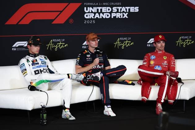 F1 - UNITED STATES GRAND PRIX 2025 VERSTAPPEN Max (ned), Red Bull Racing RB21, portrait, NORRIS Lando (gbr), McLaren F1 Team MCL39, portrait, LECLERC Charles (mco), Scuderia Ferrari SF-25, portrait press conference, PK, Pressekonferenz during the 2025 Formula 1 United States Grand Prix, 19th round of the 2025 FIA Formula One World Championship, WM, Weltmeisterschaft from October 17 to 19, 2025 on the Circuit of the Americas, in Austin, Texas, United States of America - AustinUnited States Copyright: xEricxAlonsox