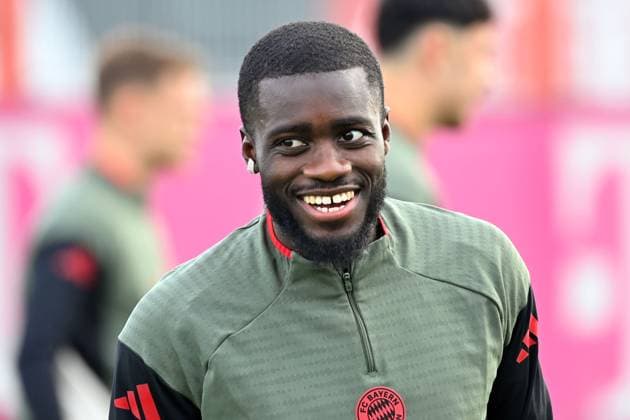Dayot UPAMECANO Bayern Muenchen laughing,laughing,laughing,optimistic,good-humored,action,single image,cropped single motif,portrait,portr t final training on 21 10 2025 Football Champions League,season 2025 26 FC Bayern Muenchen Club Bruegge