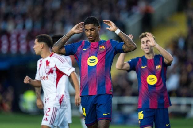 Spain-Football-Champions League FC Barcelona, Barca v Olympiacos in Barcelona, Spain. Barcelona, Spain, 21, October, 2025. FC Barcelona player (14) Marcus Rashford reacts after scoring chance during Champions League match between FC Barcelona and Olympiacos in Olympic Stadium Lluis Companys, Barcelona, Spain, on October 21, 2025. Barcelona Olympic Stadium Lluis Companys Barcelona Spain