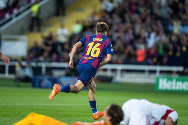 Spain-Football-Champions League FC Barcelona, Barca v Olympiacos in Barcelona, Spain. Barcelona, Spain, 21, October, 2025. FC Barcelona player (16) Fermin Lopez celebrates his score during Champions League match between FC Barcelona and Olympiacos in Olympic Stadium Lluis Companys, Barcelona, Spain, on October 21, 2025. Barcelona Olympic Stadium Lluis Companys Barcelona Spain