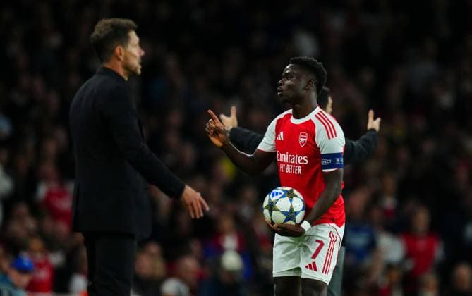Bukayo Saka of Arsenal reacts Arsenal v Atletico Madrid, UEFA Champions League, Group Stage, Football, Emirates Stadium, London, UK - 21 Oct 2025London Emirates Stadium United Kingdom EDITORIAL USE ONLY No use with unauthorised audio, video, data, fixture lists, club league logos or live services. Online in-match use limited to 120 images, no video emulation. No use in betting, games or single club league player publications. Copyright: xJavierxGarcia Shutterstockx 15552302v